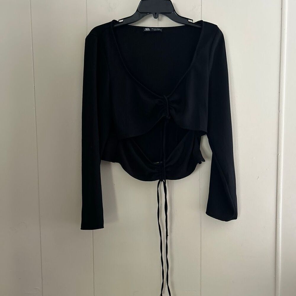 ZARA Black Ruched Tie-Front Long Sleeve Crop Top | Adjustable Drawstring | Size